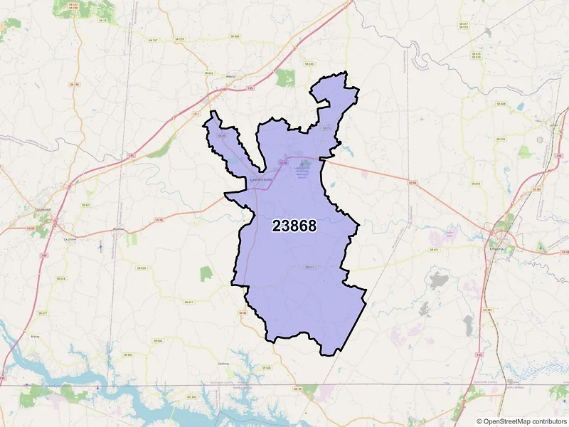 Map of Lawrenceville, Virginia and ZIP codes