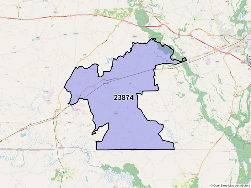 Map of ZIP Code 23874 — Newsoms, VA