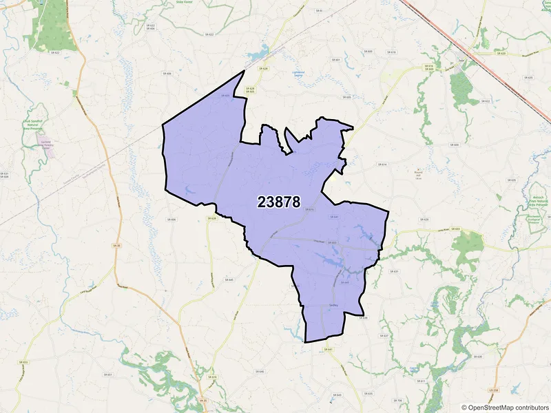 Map of ZIP Code 23878 — Sedley, VA
