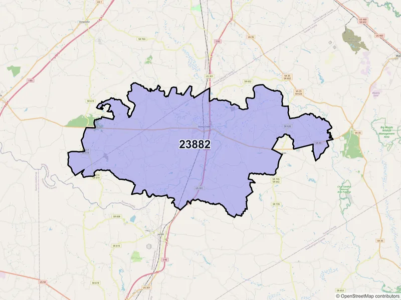 Map of Stony Creek, Virginia and ZIP codes