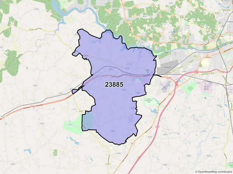 Map of Sutherland, Virginia and ZIP codes