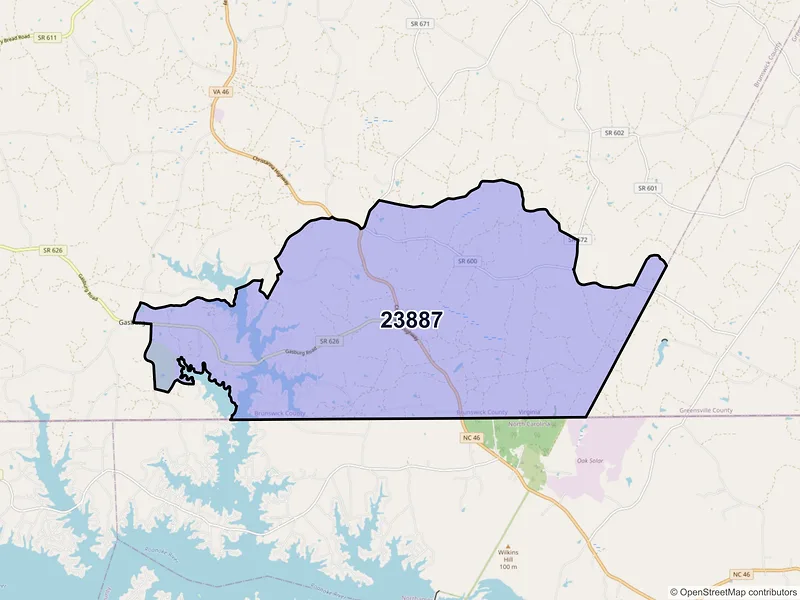 Map of ZIP Code 23887 — Valentines, VA