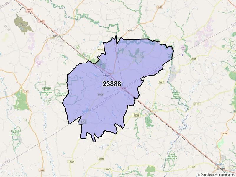 Map of ZIP Code 23888 — Wakefield, VA