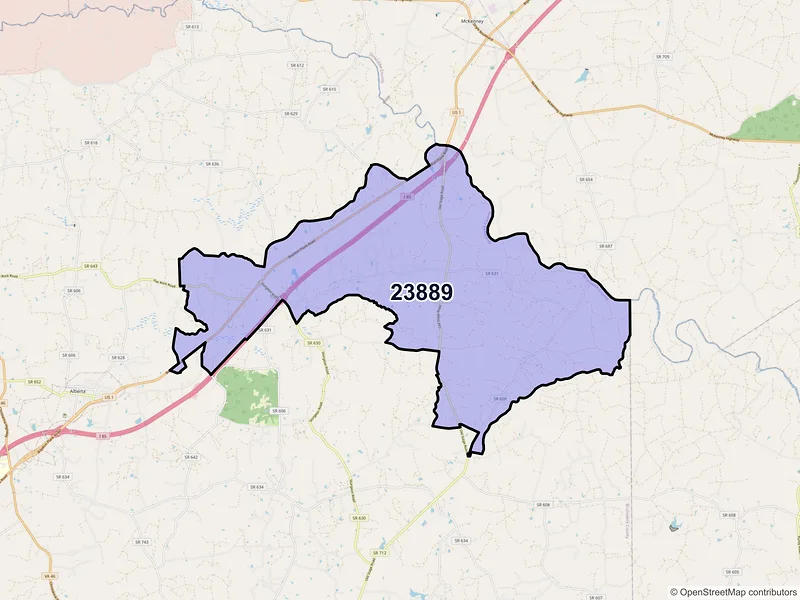 Map of ZIP Code 23889 — Warfield, VA
