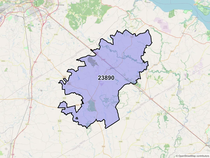 Map of ZIP Code 23890 — Waverly, VA