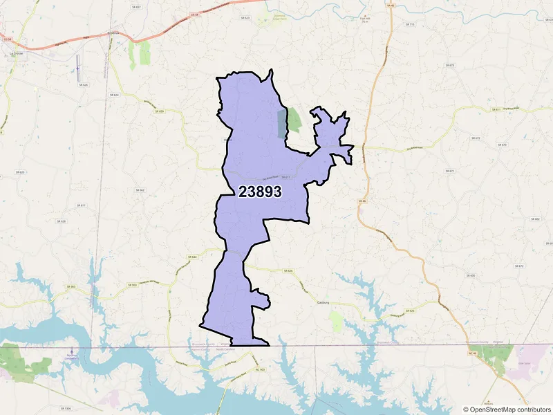 Map of ZIP Code 23893 — White Plains, VA