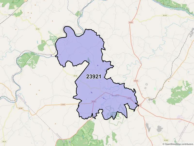 Map of ZIP Code 23921 — Buckingham, VA