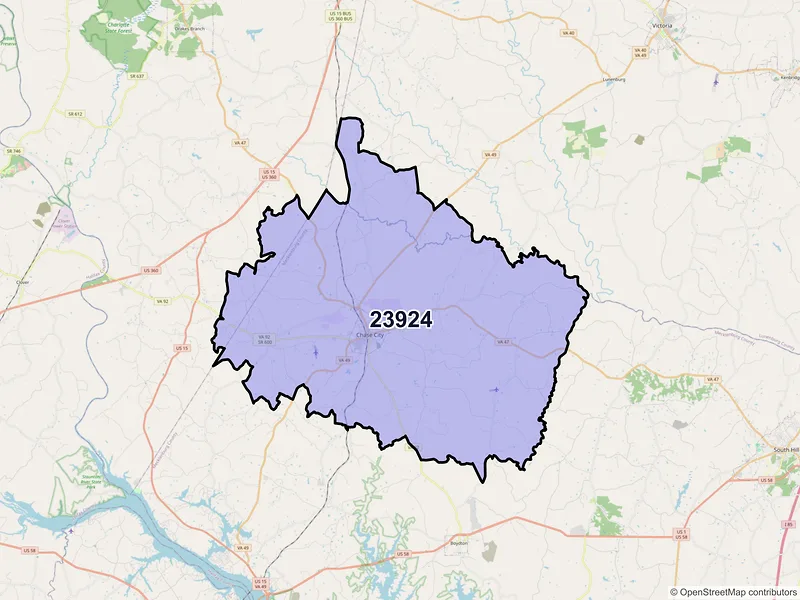 Map of Chase City, Virginia and ZIP codes