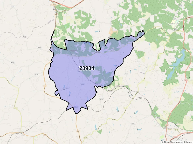 Map of ZIP Code 23934 — Cullen, VA