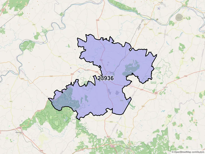 Map of ZIP Code 23936 — Dillwyn, VA