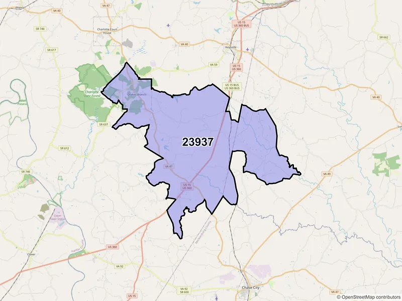 Map of Drakes Branch, Virginia and ZIP codes