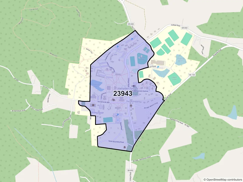 Map of Hampden Sydney, Virginia and ZIP codes