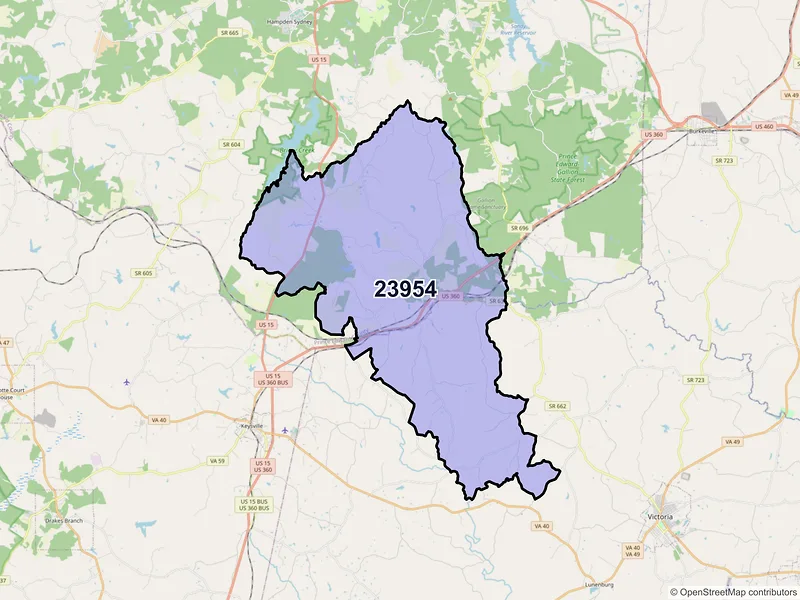 Map of ZIP Code 23954 — Meherrin, VA