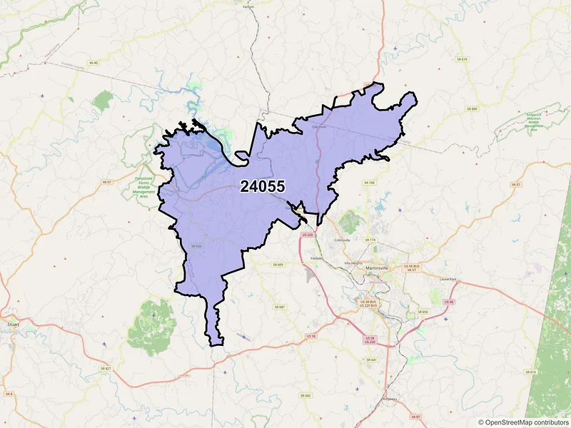 Map of Bassett, Virginia and ZIP codes