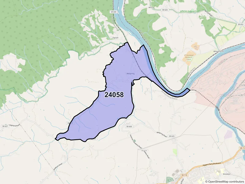 Map of Belspring, Virginia and ZIP codes