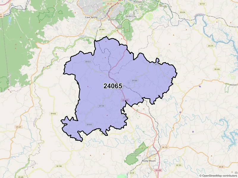 Map of ZIP Code 24065 — Boones Mill, VA