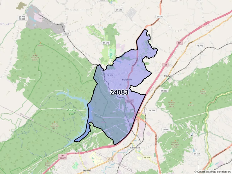 Map of ZIP Code 24083 — Daleville, VA