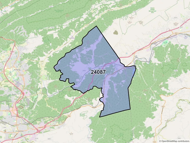 Map of ZIP Code 24087 — Elliston, VA
