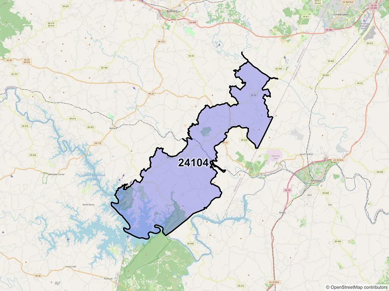 Map of ZIP Code 24104 — Huddleston, VA