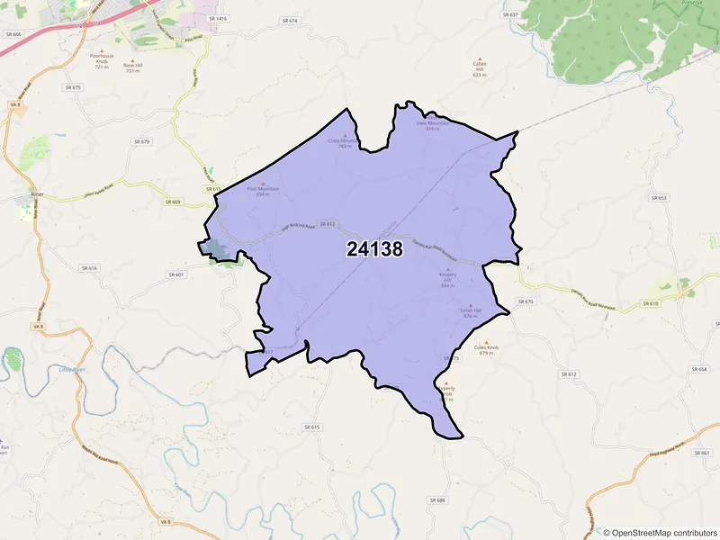 Map of Pilot, Virginia and ZIP codes