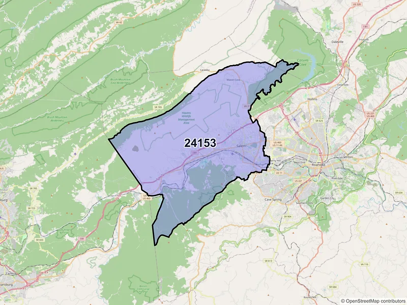 Map of Salem, Virginia and ZIP codes