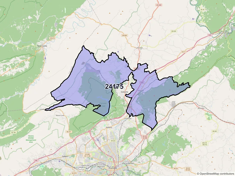 Map of ZIP Code 24175 — Troutville, VA
