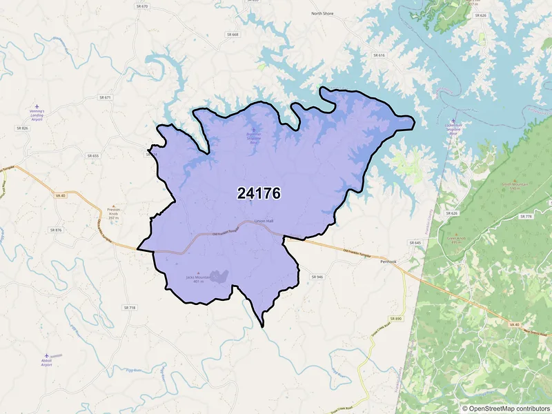 Map of ZIP Code 24176 — Union Hall, VA