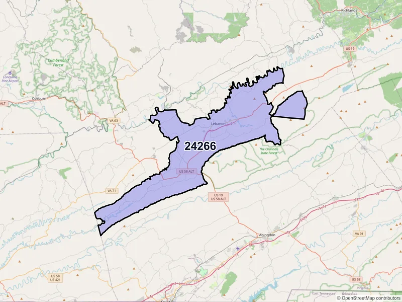 Map of Lebanon, Virginia and ZIP codes