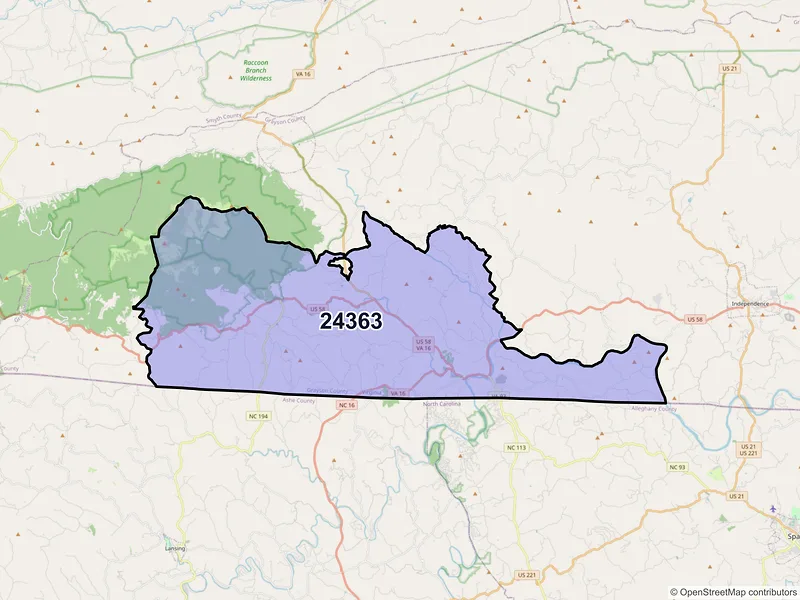 Map of ZIP Code 24363 — Mouth of Wilson, VA