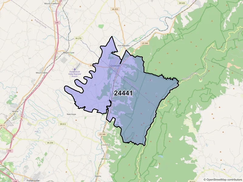 Map of Grottoes, Virginia and ZIP codes