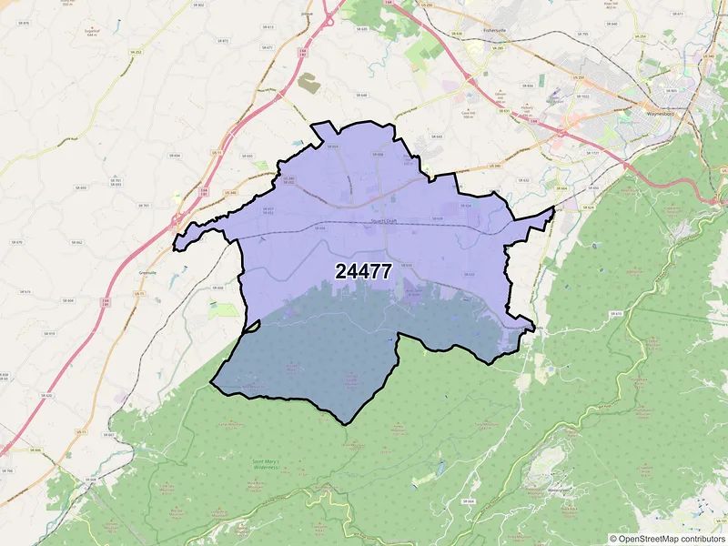 Map of ZIP Code 24477 — Stuarts Draft, VA