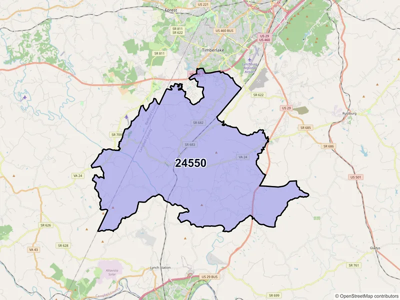 Map of ZIP Code 24550 — Evington, VA