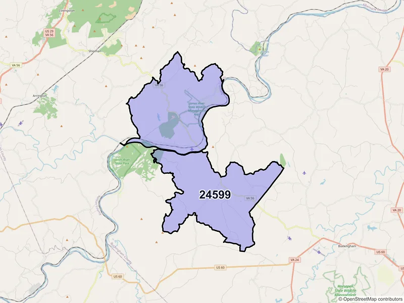 Map of Wingina, Virginia and ZIP codes