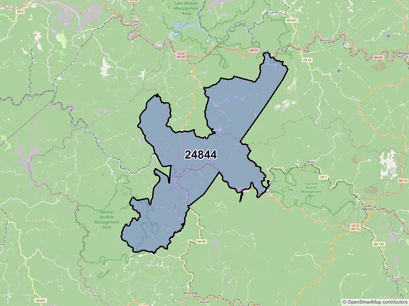 Map of ZIP Code 24844 — Iaeger, WV