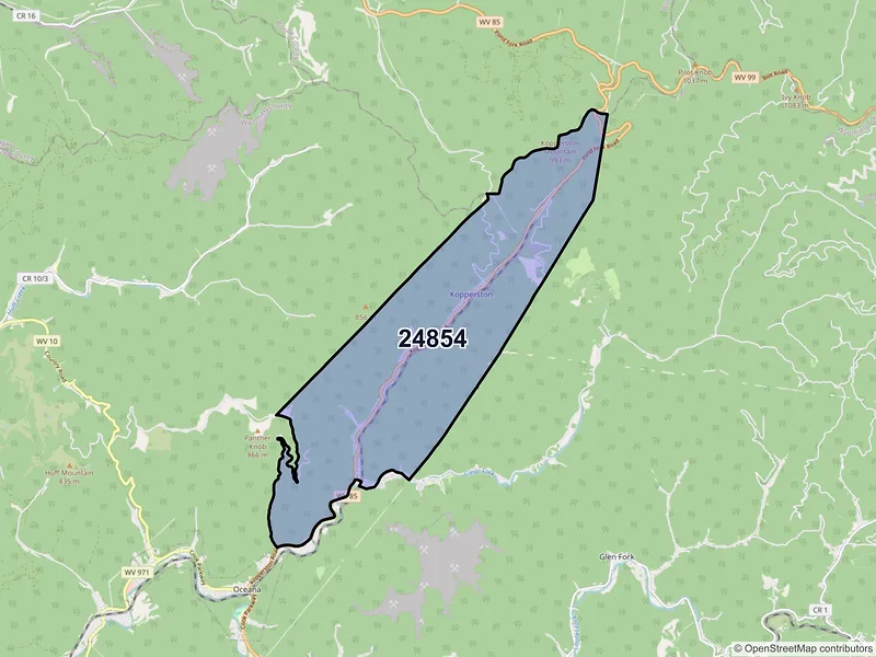 Map of Kopperston, West Virginia and ZIP codes