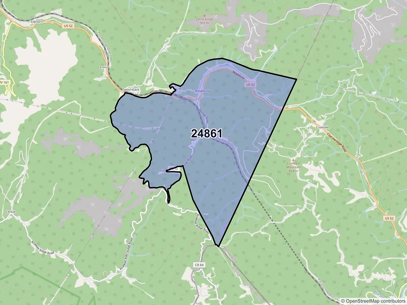 Map of Maybeury, West Virginia and ZIP codes