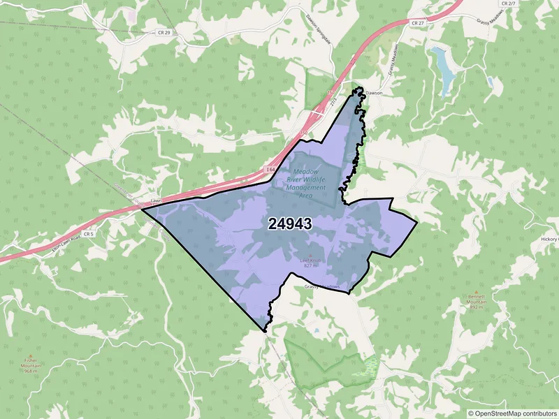 Map of ZIP Code 24943 — Grassy Meadows, WV