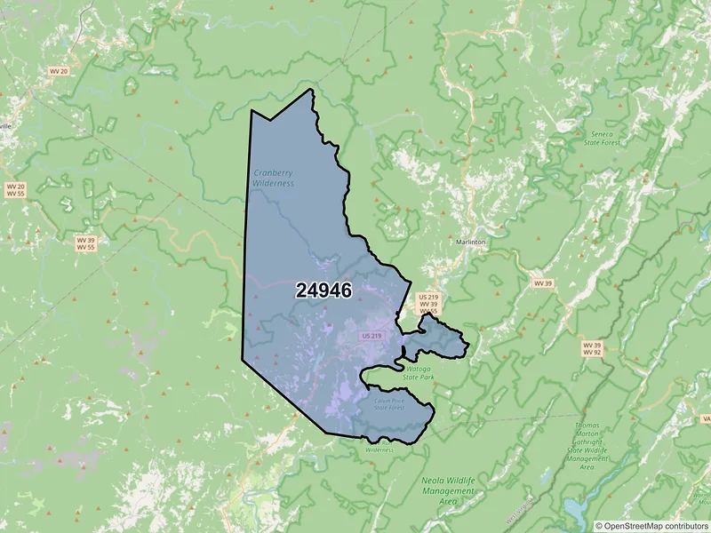 Map of Hillsboro, West Virginia and ZIP codes