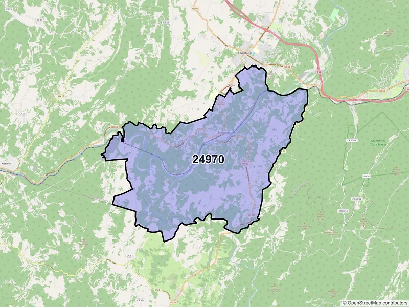 Map of ZIP Code 24970 — Ronceverte, WV