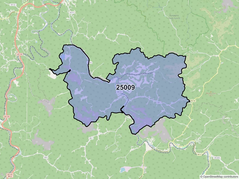 Map of ZIP Code 25009 — Ashford, WV