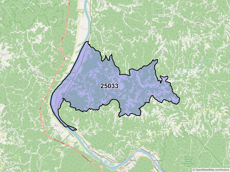 Map of ZIP Code 25033 — Buffalo, WV