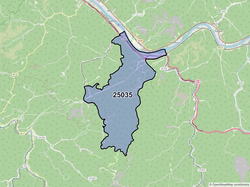 Map of ZIP Code 25035 — Cabin Creek, WV