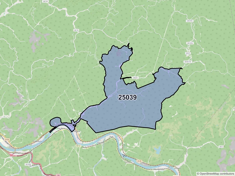 Map of ZIP Code 25039 — Cedar Grove, WV