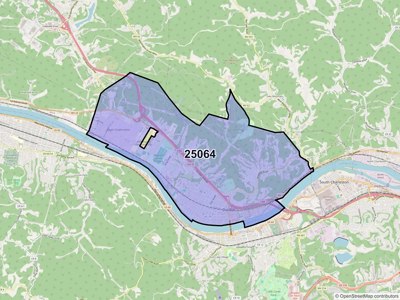 Map of Dunbar, West Virginia and ZIP codes