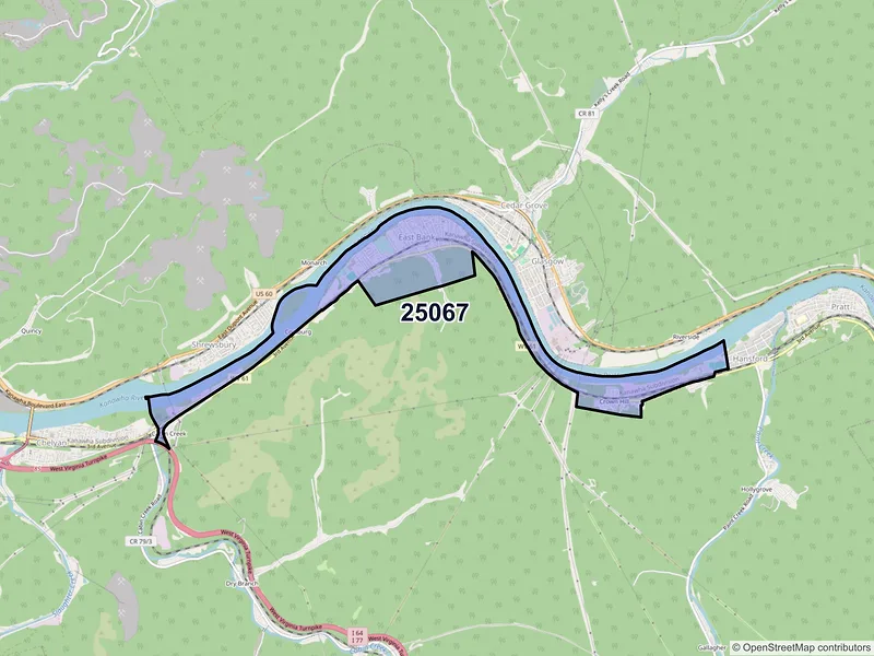 Map of ZIP Code 25067 — East Bank, WV
