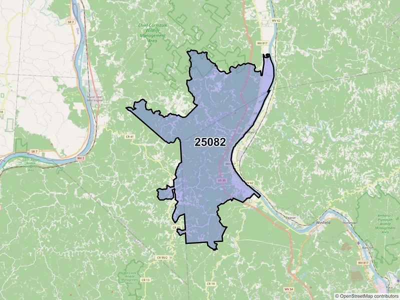 Map of ZIP Code 25082 — Fraziers Bottom, WV