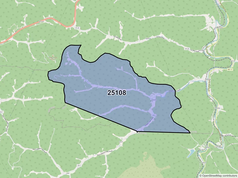 Map of ZIP Code 25108 — Hewett, WV