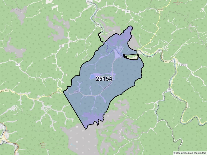 Map of ZIP Code 25154 — Peytona, WV