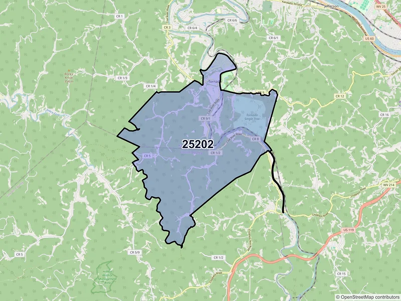 Map of ZIP Code 25202 — Tornado, WV
