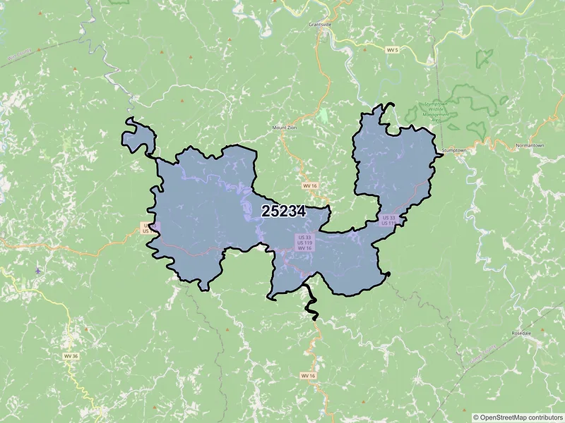 Map of ZIP Code 25234 — Arnoldsburg, WV